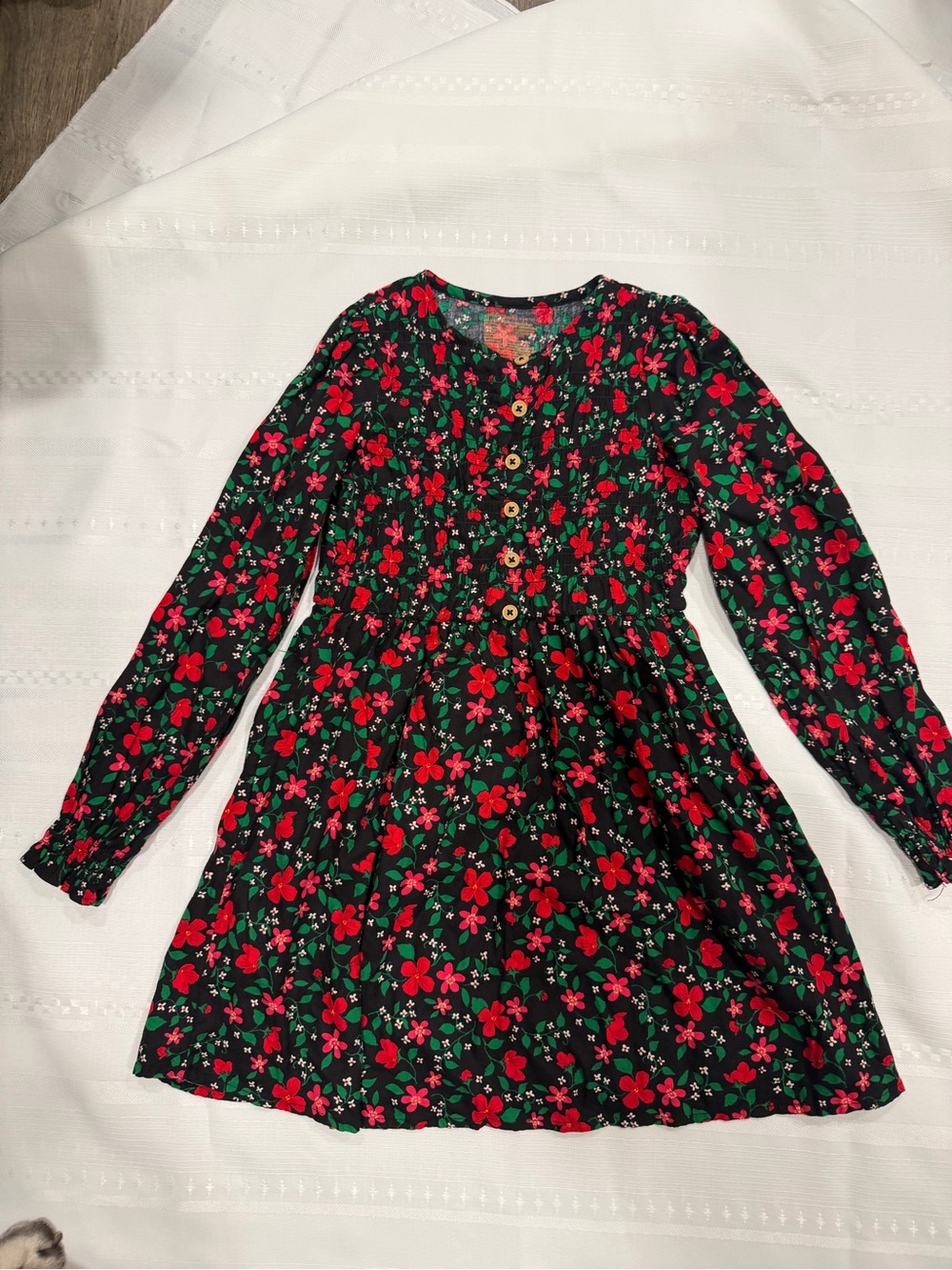Cat & Jack Black Long-Sleeve Floral Button-Front Dress with Red & Green Print